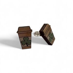 NEW Wooden Coffee Cup Shamrock Stud Earrings St. Patrick's Day Lucky Clover